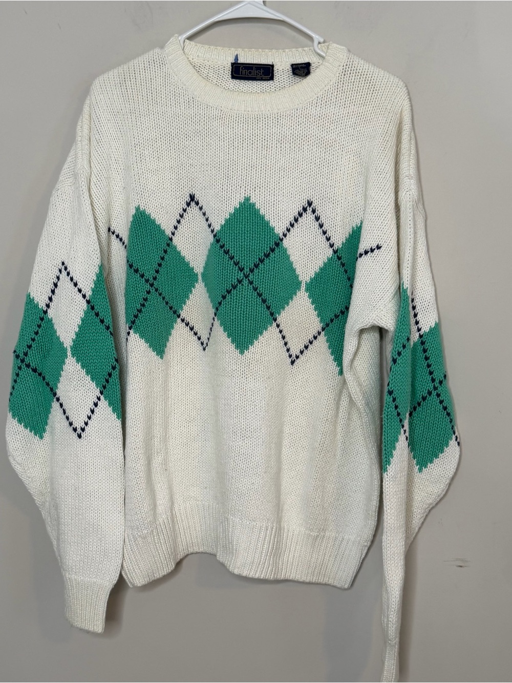 Vintage 90s Finalist Argyle Sweater Cream Green Oversized Preppy Knit